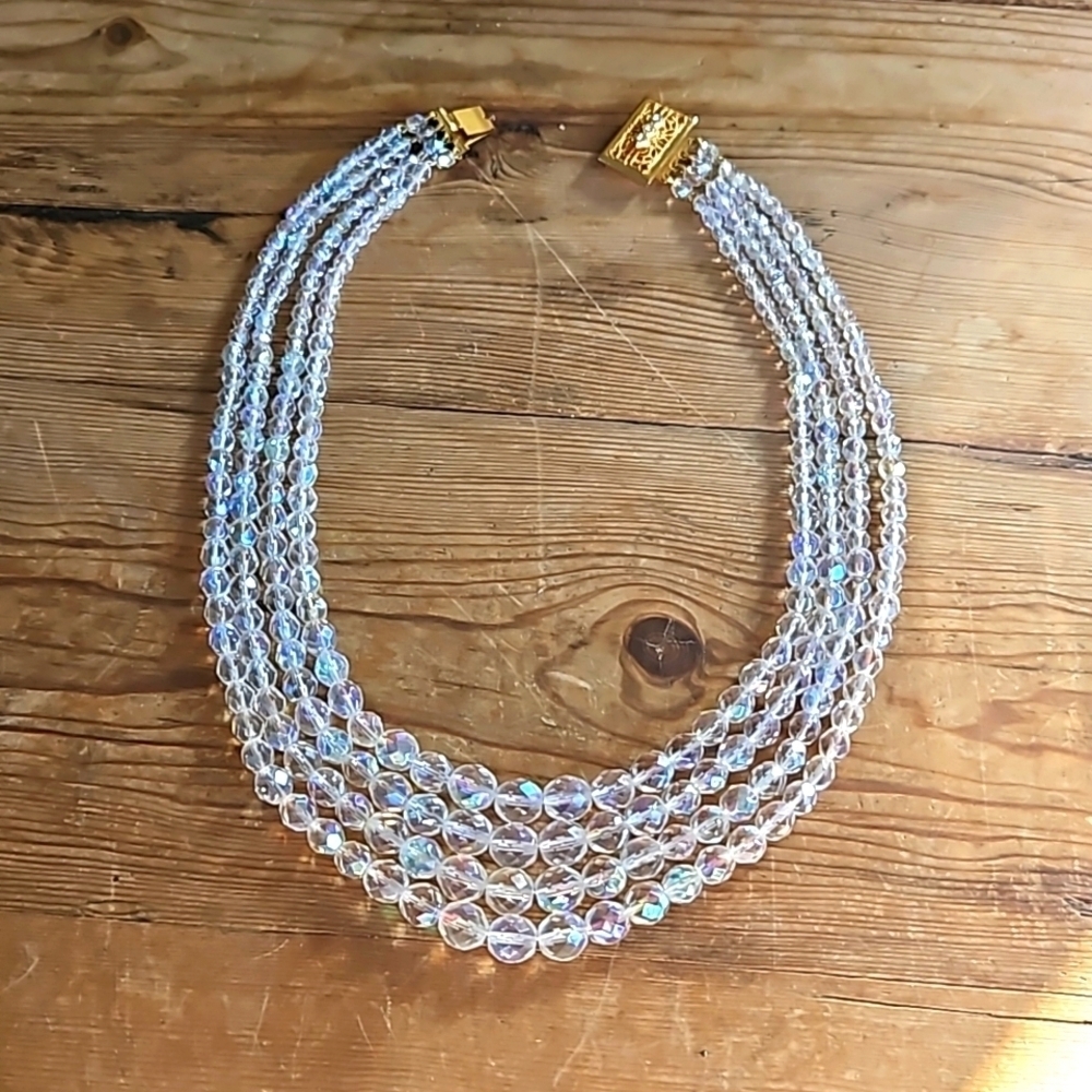 Vintage 4 Strands Clear AB Czech Glass Necklace